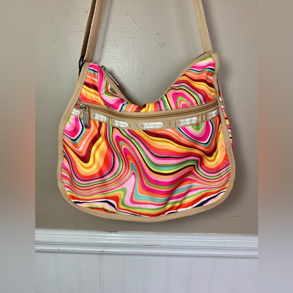LeSportsac Multicolor Striped Psychedelic Shoulder Bag CrossBody Orange - Picture 2 of 3